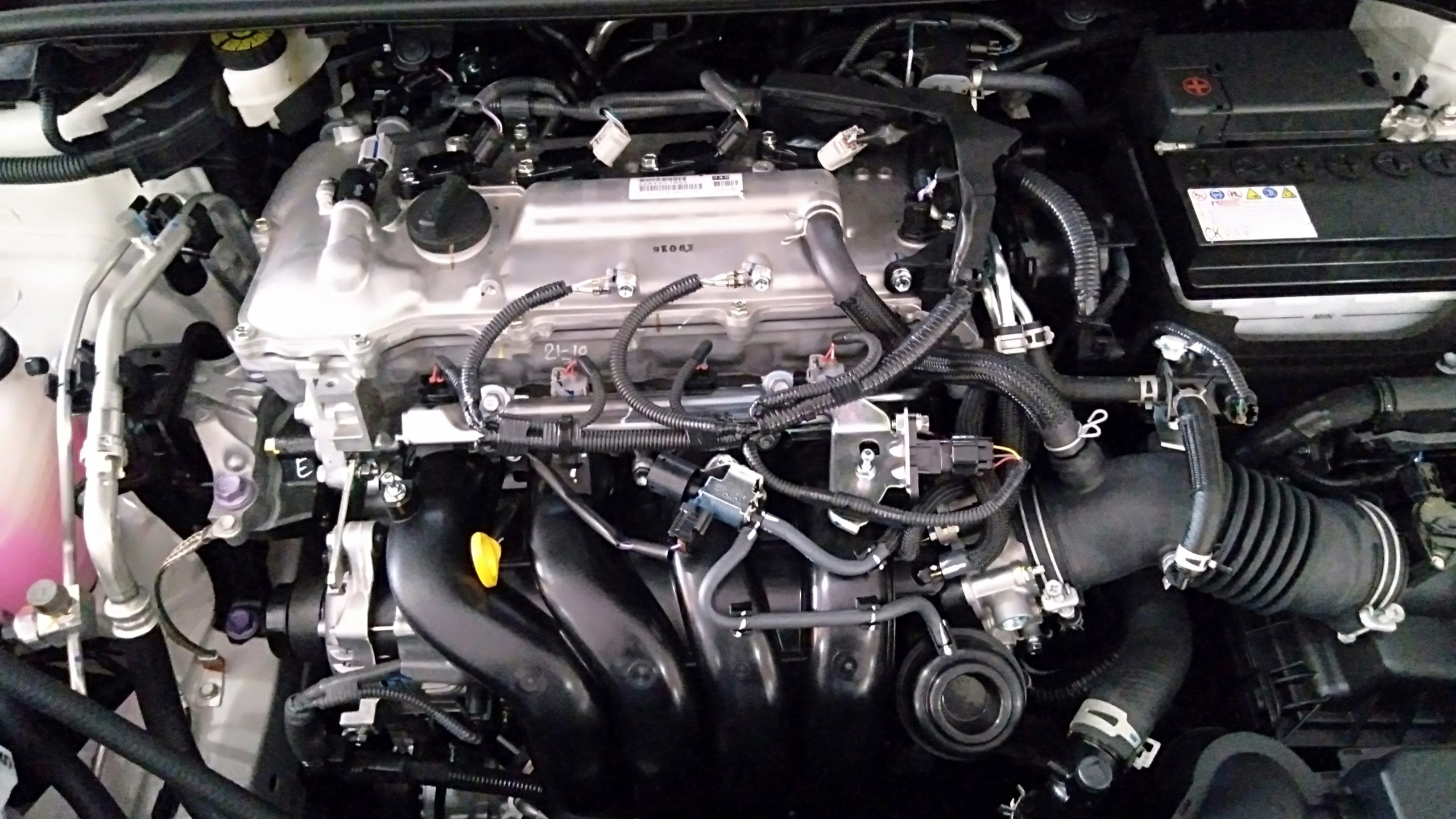 The Engine compartment of a car is displayed, showcasing the intricate components within.