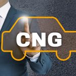 A person in a suit touches an icon of a car with the text "CNG" on it, symbolizing Compressed Natural Gas.