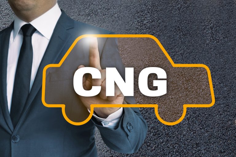 A person in a suit touches an icon of a car with the text "CNG" on it, symbolizing Compressed Natural Gas.